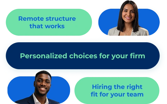 Infographic with three callout bubbles and headshots: "Remote structure that works", "Personalized choices for your firm", and "Hiring the right fit for your team".