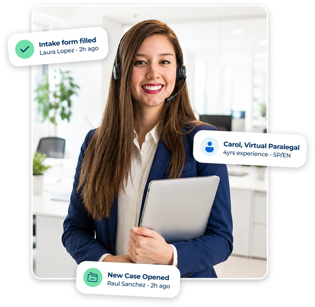 Professional woman in a blue blazer with a headset, holding a tablet; three floating status bubbles show client actions: intake form filled, new case opened, and paralegal profile details.