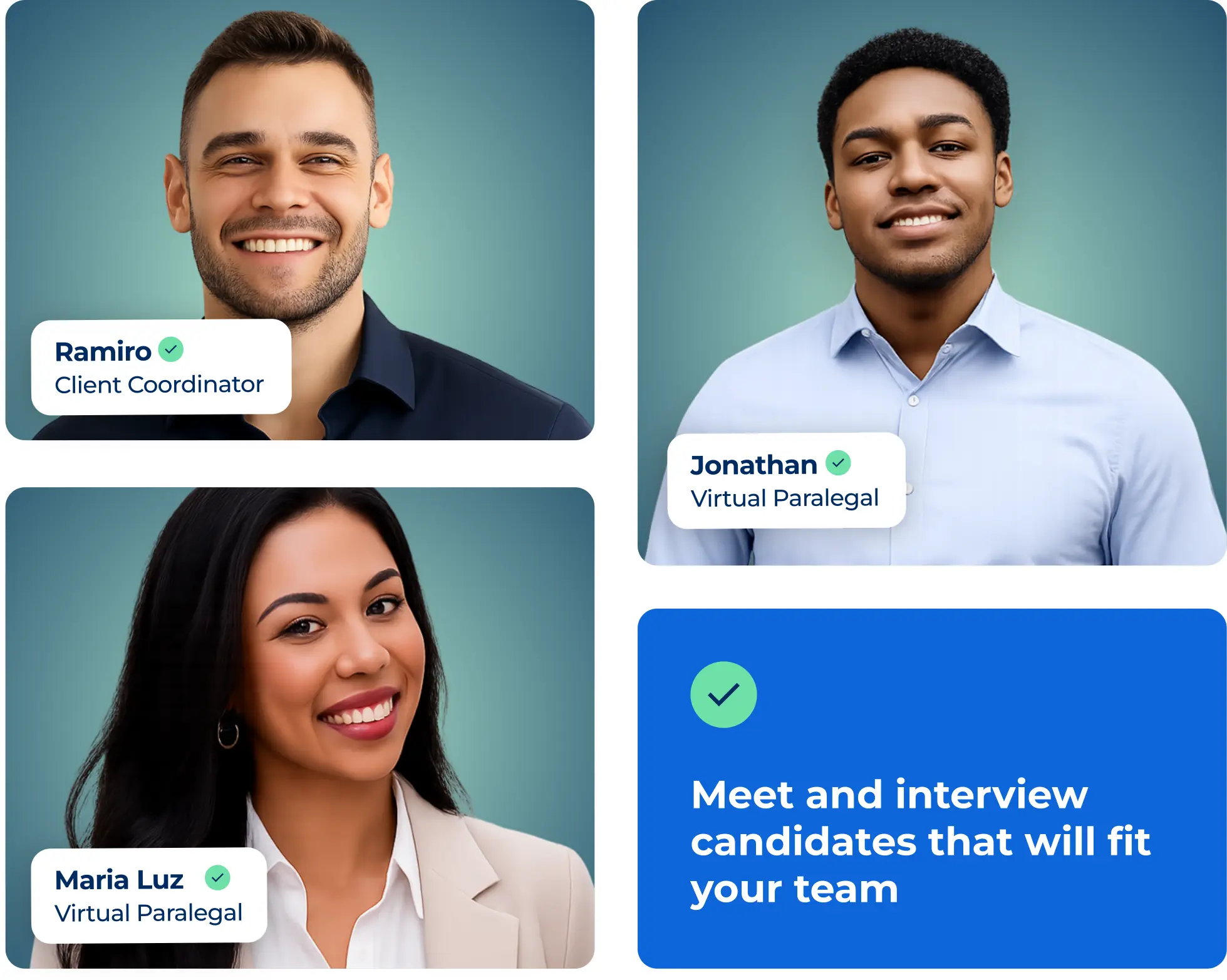 Collage of four smiling professionals with round-edge cards showing names and roles (Ramiro—Client Coordinator, Jonathan—Virtual Paralegal, Maria Luz—Virtual Paralegal) side by side.