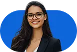 Portrait of a smiling woman with long dark hair and glasses, wearing a black blazer, against a bright blue abstract background.
