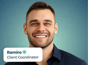 Portrait of a smiling man with a teal background and a badge reading 'Ramiro, Client Coordinator'.